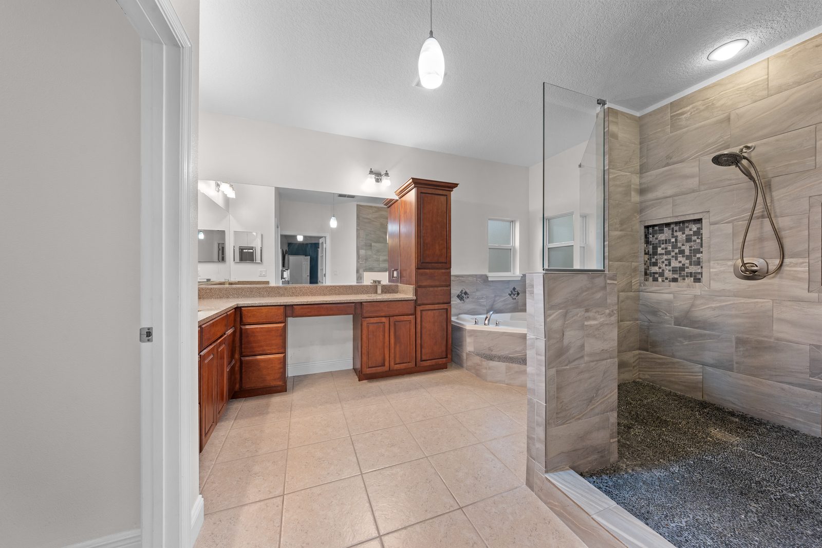 Primary bath with dual vanity and walk-in shower