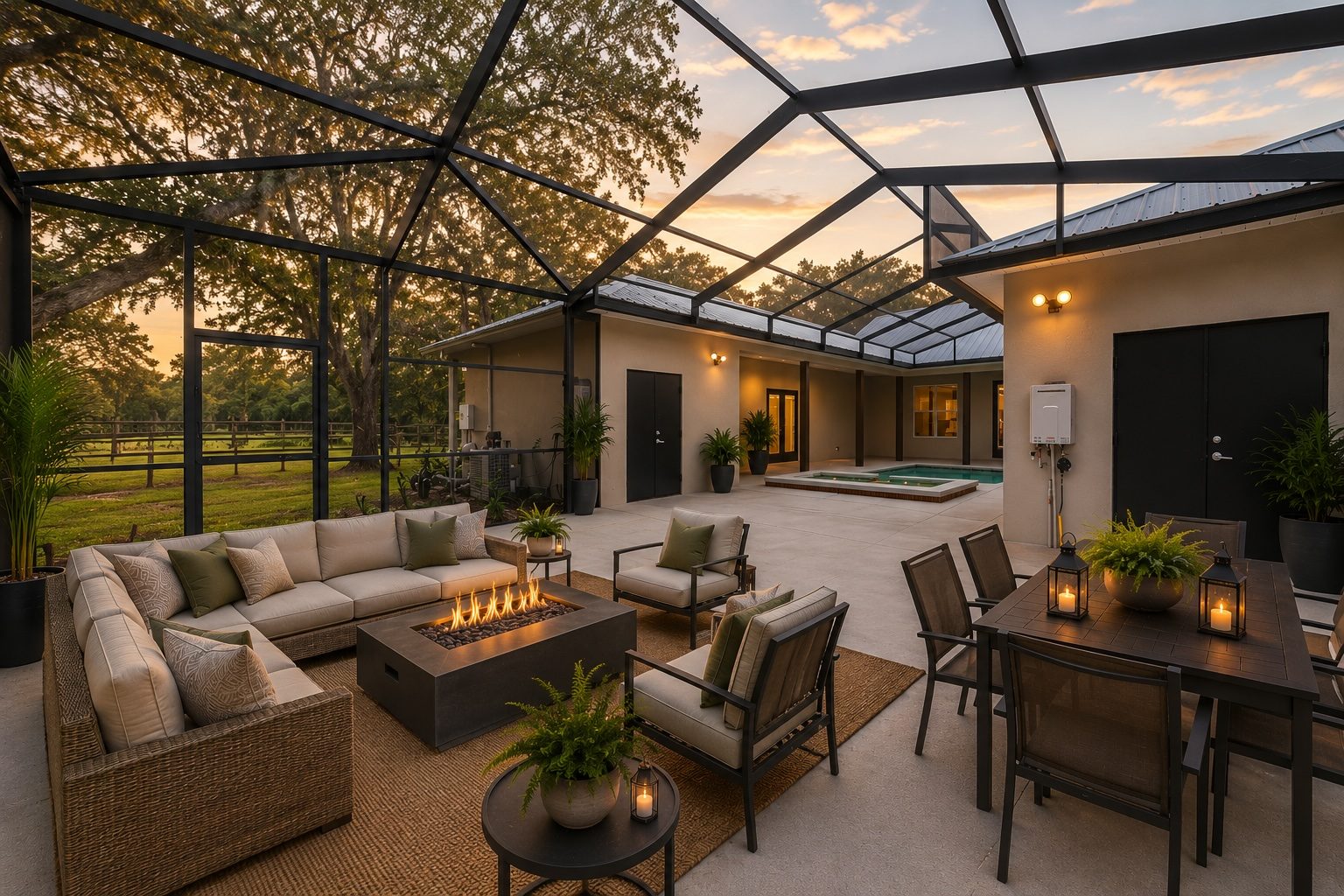 Covered courtyard lanai with firepit